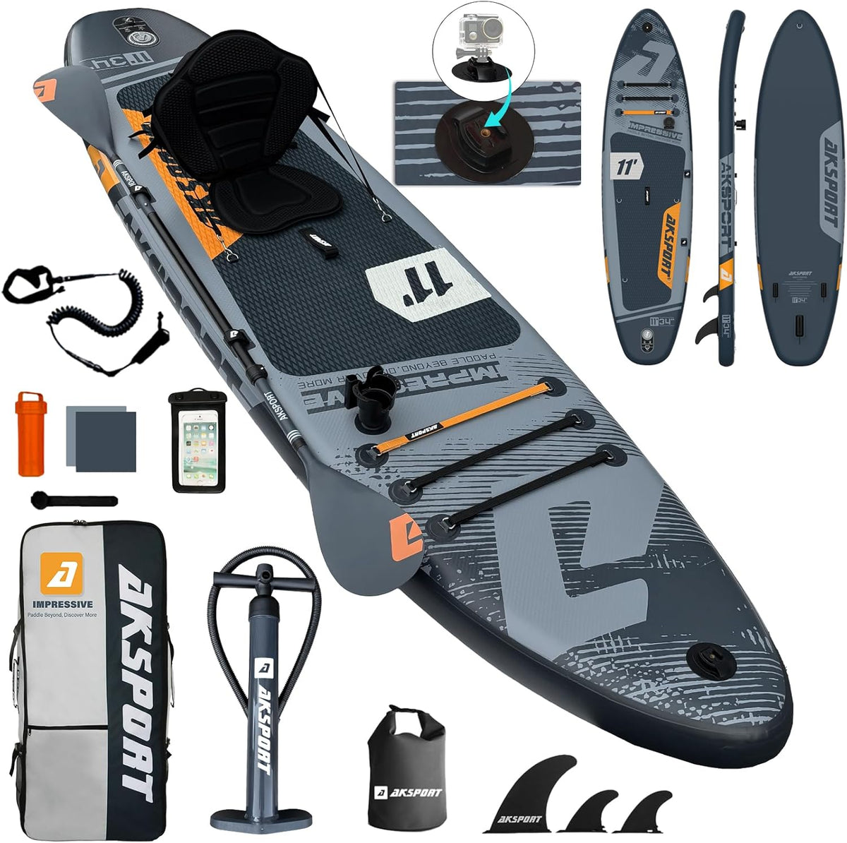 AKSPORT 11' Inflatable Stand-Up Paddle Board with Upgraded SUP Accessories Kit | Extra Wide 34" Design | Non-Slip Deck | Premium SUP Board for Adults & Youth of All Levels