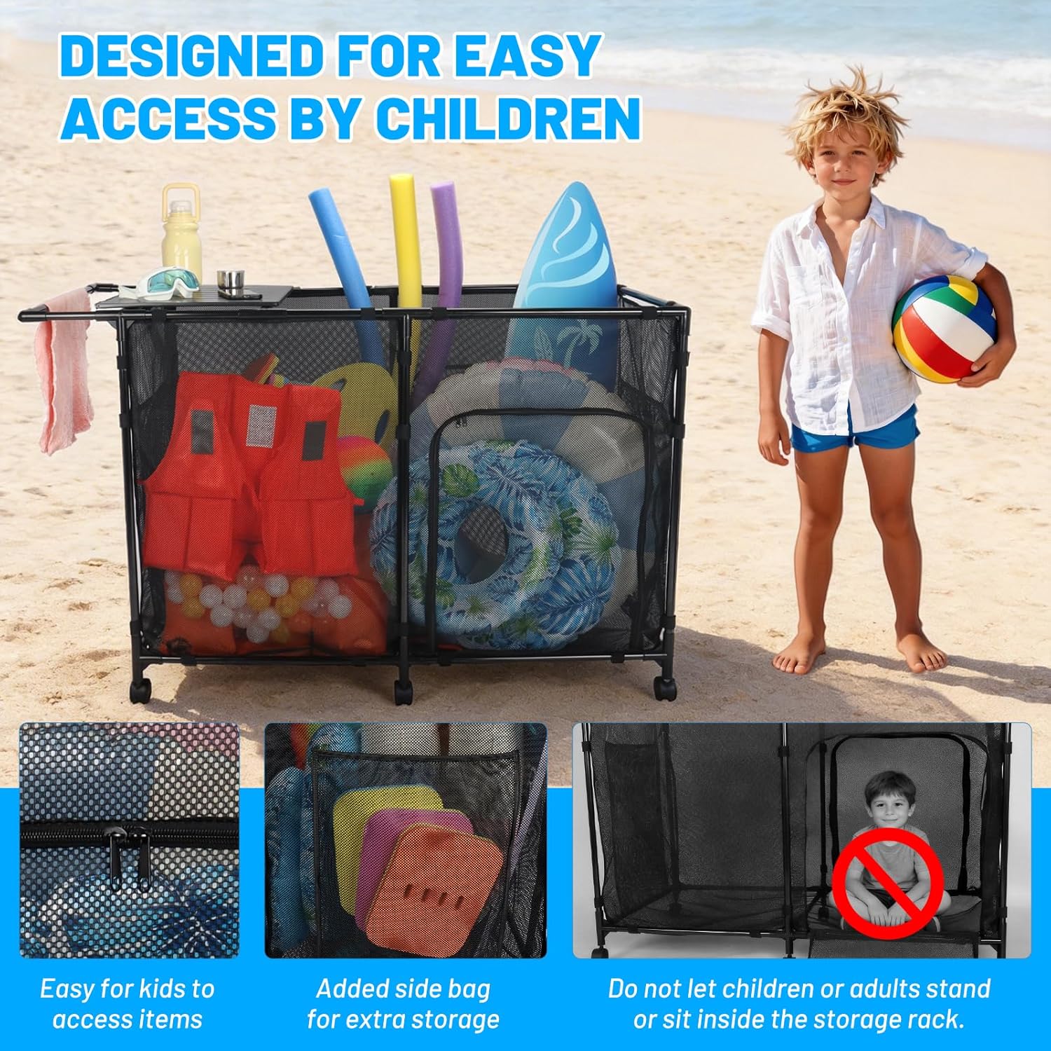 152Gal Pool Storage Organizer with Tabletop,Towel Bar,Zipper Doors,360° Rotating Wheels,Weather-Resistant,Easy Assembly,for Indoor Outdoor,Pool,Patio,Beach (M Size)