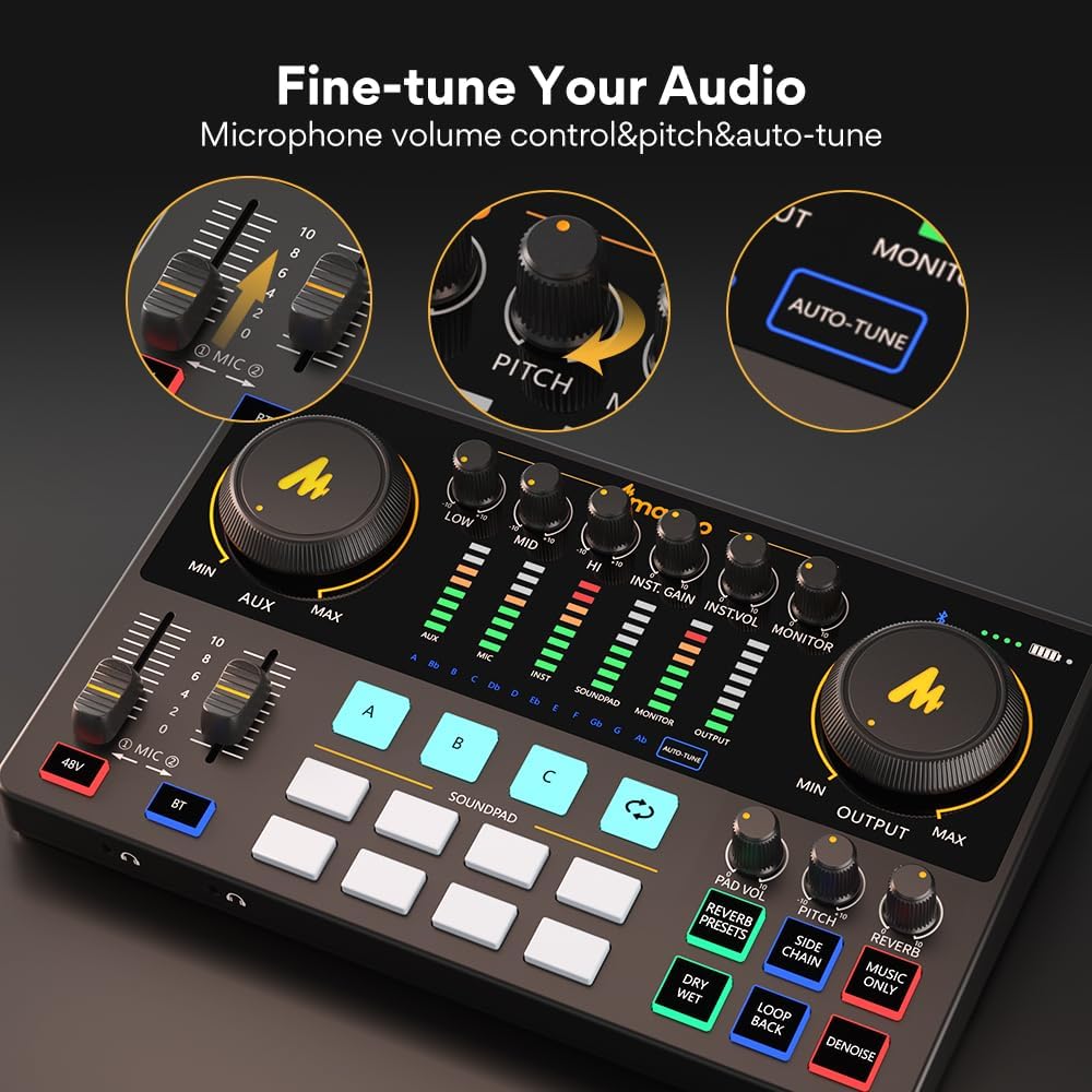 MAONO Audio Interface, MaonoCaster 10-Channel Podcast mixer with Pro-preamp, 48V Phantom Power, Bluetooth, 11 Customize sound pads for Recording, Streaming, Youtube, TikTok, PC, Guitar (AME2)