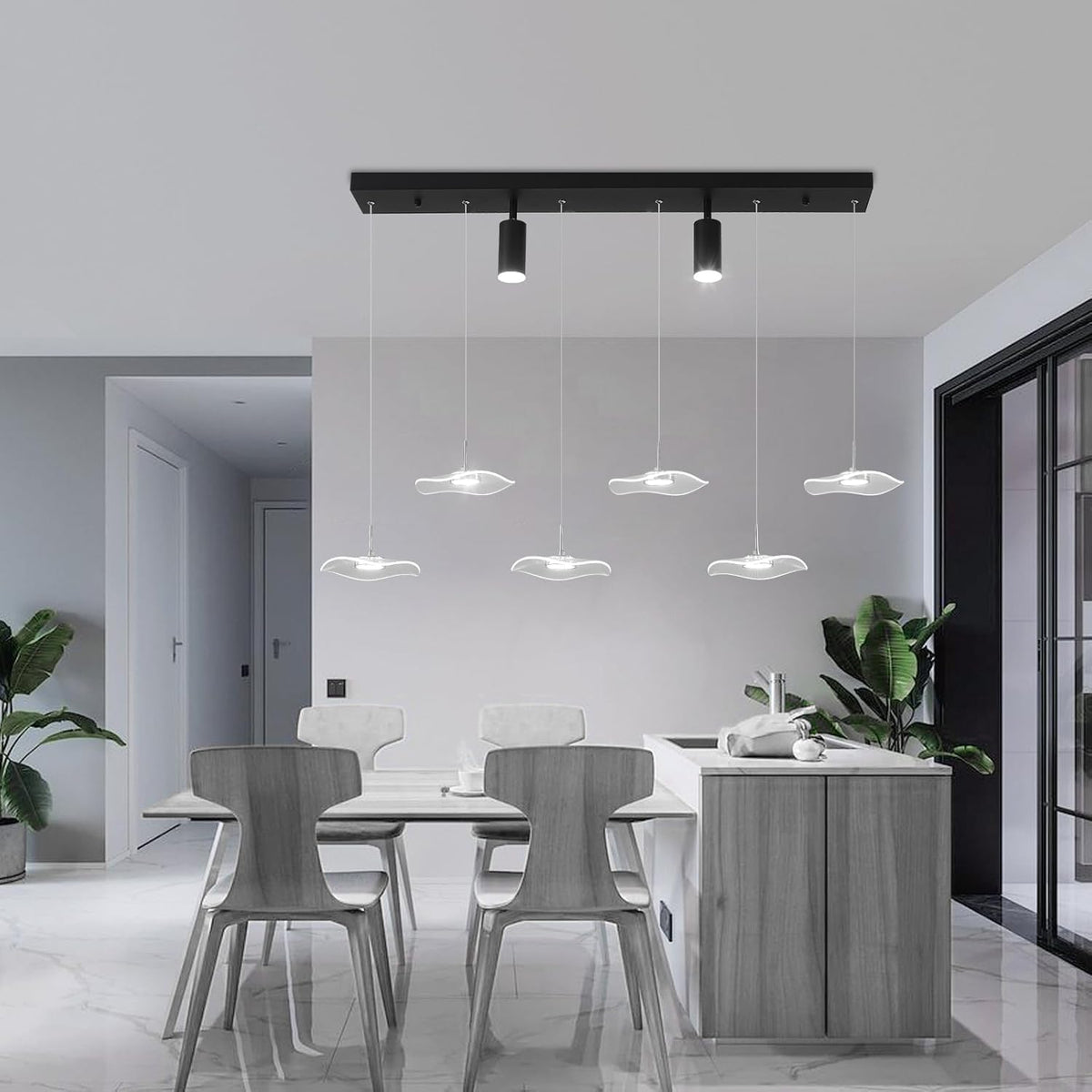 Siittoo Modern Chandeliers for Dining Room, 40in Dimmable LED Pendant Lights Kitchen Island with Remote Control, Adjustable Height Kitchen Island Lighting Fixture with Spotlights(34W, 6-Light)