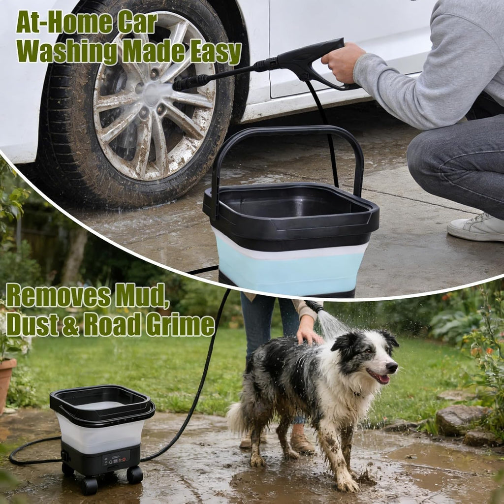Portable Cordless Washer with 3.4Gal Tank, 580PSI, 7-Level Adjustable Sprayer, 360° Rotating Nozzle, 23FT Hose, 20000mAh Battery, Foldable Design with Wheels for Car, Camping, Garden