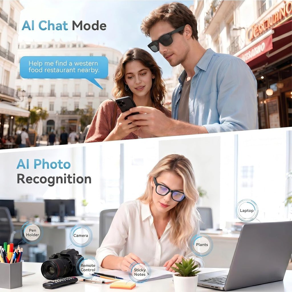 2026 AI Smart Glasses for Men Women,8MP 4K Camera Glasses,Supports AI Voice Control/Photo/Video/Audio Recording,Bluetooth Glasses with 133 Translations,Blue Light Blocking Lenses+Extra Sunglasses