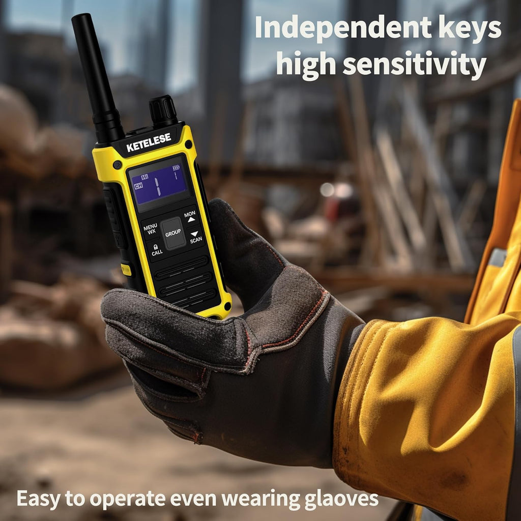 KETELESE T3F IP67 Waterproof Walkie Talkies, Rugged Two Way Radio with Earpiece, Triple Proof, Three Charging Options, FRS 2 Way Radio 22 Channels, NOAA, VOX (6 Pack), Black/Yellow
