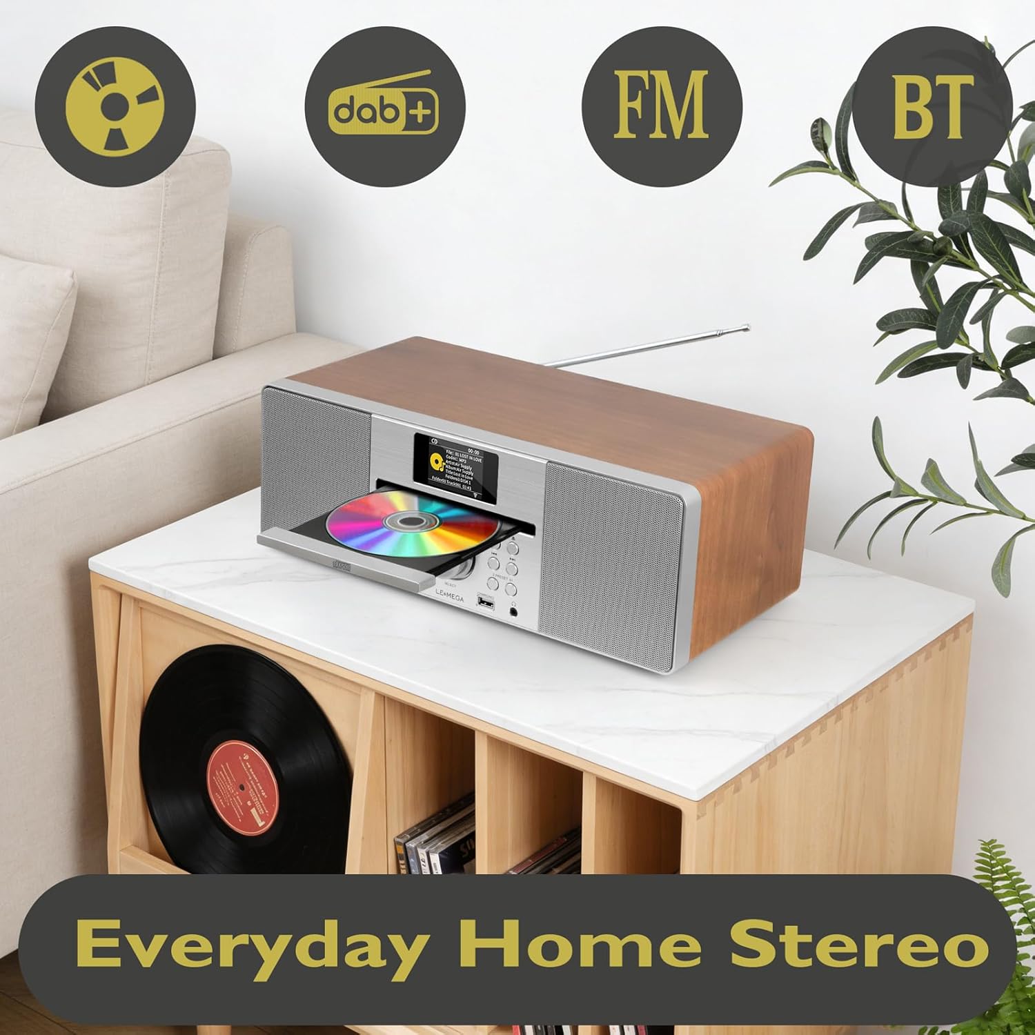 LEMEGA MSY1+ CD Player with FM Radio, Bluetooth Streaming, 80W Stereo HiFi System, Full Colour Display, 30 Presets, Remote Control, Acoustic Wooden Cabinet - Dark Walnut