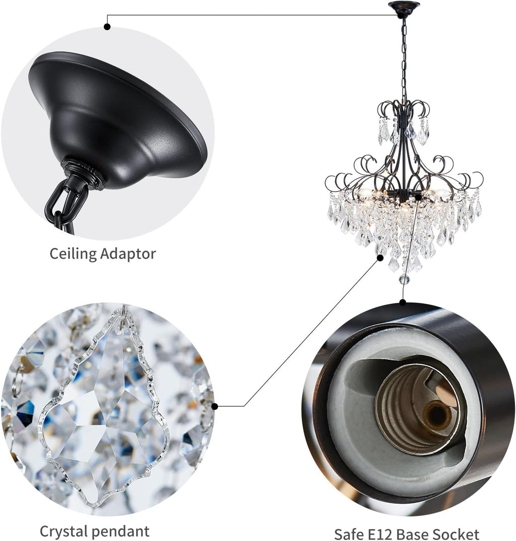 WUZUPS Crystal Chandelier 10-Light Pendant Ceiling Light Modern Lighting Fixture for Dining Room Hallway Bedroom Kitchen Bathroom, H 27.6" x W 22.8", E12 Base, Black