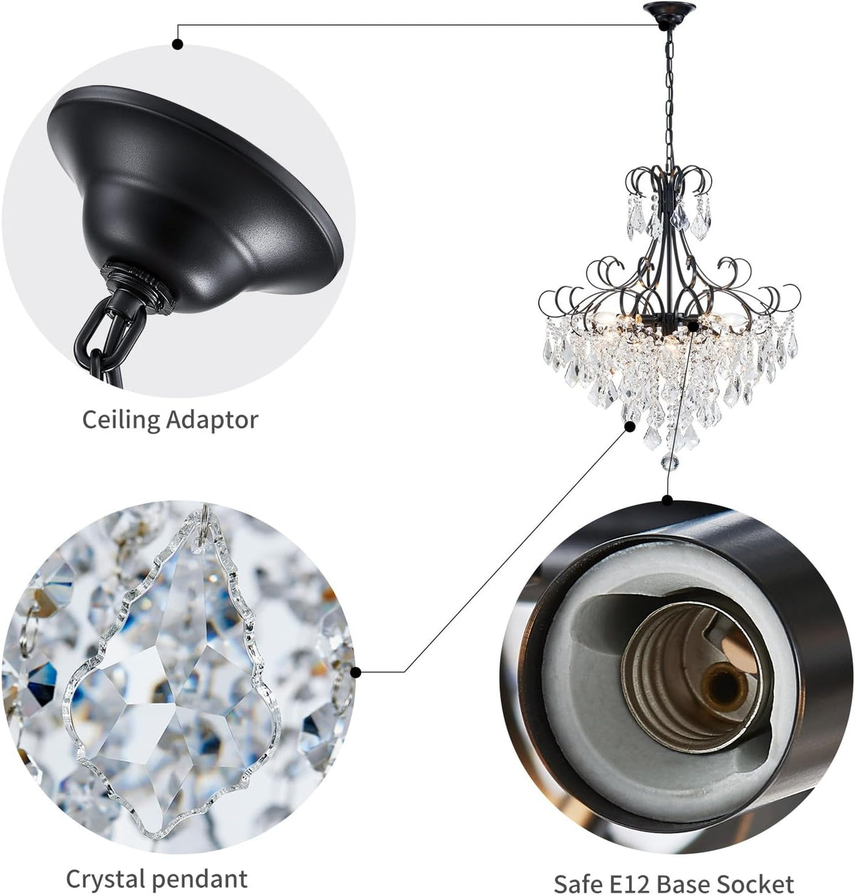 WUZUPS Crystal Chandelier 10-Light Pendant Ceiling Light Modern Lighting Fixture for Dining Room Hallway Bedroom Kitchen Bathroom, H 27.6" x W 22.8", E12 Base, Black