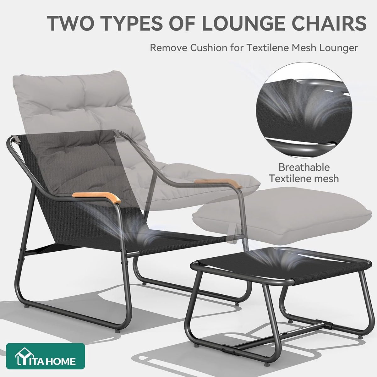 YITAHOME Patio Lounge Chair with Ottoman, Oversized Papasan Chair with Soft Cushion, Indoor/Outdoor Textilene Lounge with Teak Wood Handrail and Footstool for Living Room, Porch, Backyard or Garden