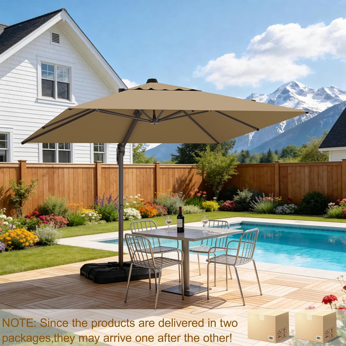 10' X 10' Patio Umbrella Cantilever Outdoor Rectangle Umbrella with Base Included, Heavy Duty 360°Rotation Offset Umbrella for Garden Deck Pool Patio, Brown