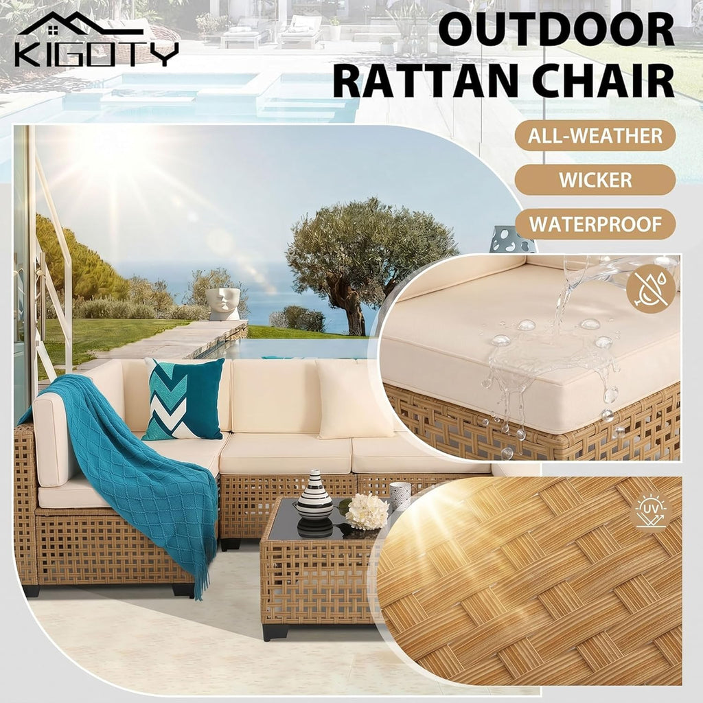KIGOTY 7-Piece Patio Furniture Set, All-Weather PE Rattan Outdoor Sectional Sofa, Modular Wicker Conversation Set with Thick Cushions & Easy-Clean Coffee Table（Yellow/White）