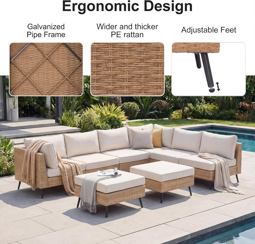 EO Living 8-Piece Patio Furniture Set, Outdoor Sectional Sofa PE Rattan Outdoor Patio Furniture with Thick Cushions, All Weather Patio Conversation Sets for Garden, Poolside, Backyard(Beige)
