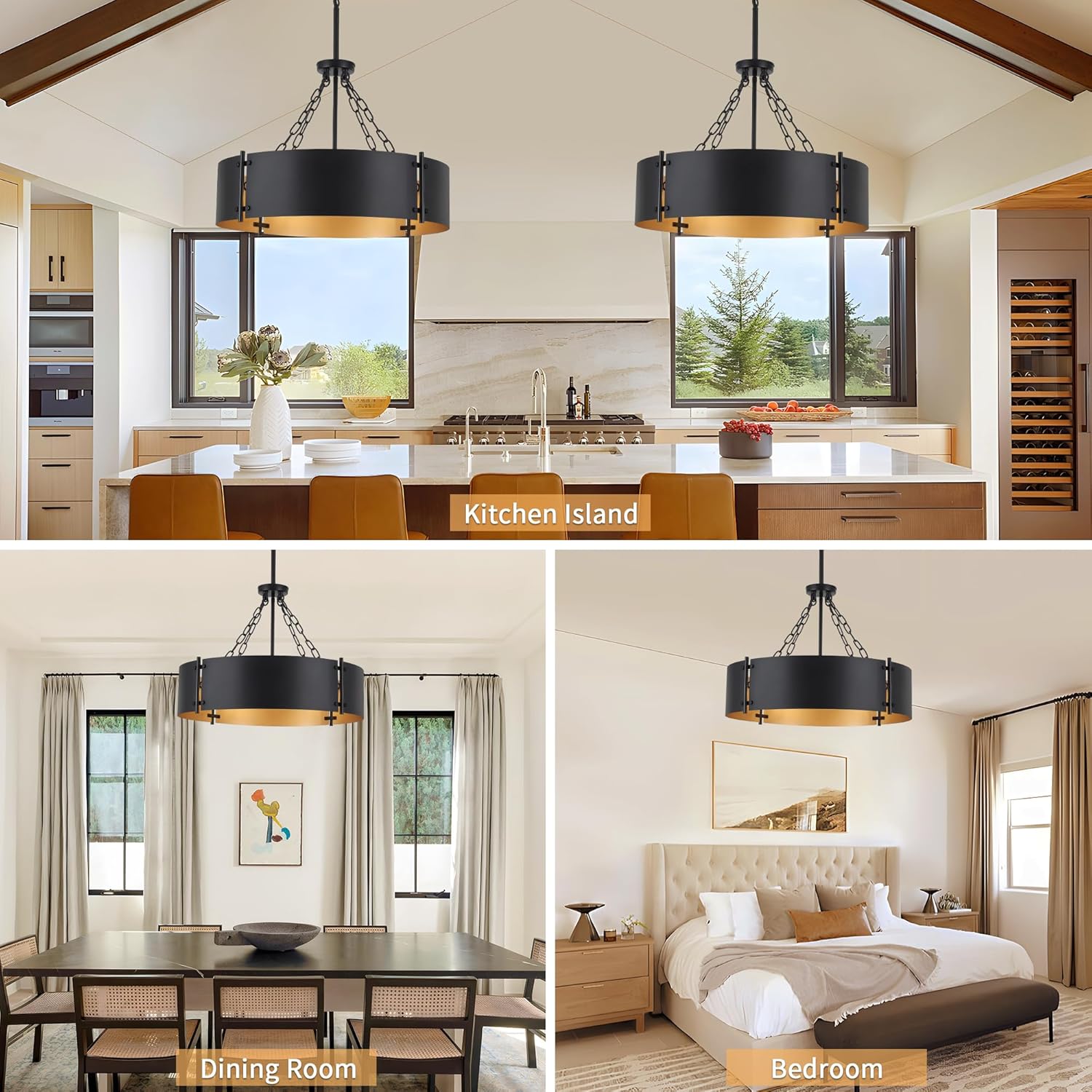 23.62'' Modern Drum Chandelier 6-Light Farmhouse Black and Gold Dining Room Light Fixture Industrial Large Pendant Lighting Rustic Hanging Light Fixtures Vintage Chandeliers for Living Room Kitchen