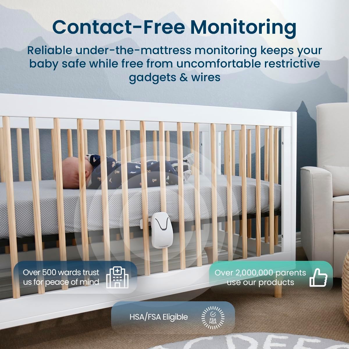 Babysense True Sleep HD FSA Baby Monitor with Camera and Audio + Baby Sleep Breathing Movement Monitor, No WiFi, 2 Non-Contact Under Mattress Sensors, Non-Wearable Monitor, Full Crib Coverage