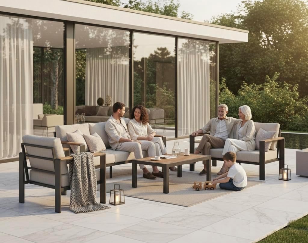 Aluminum Outdoor Patio Furniture Set with Coffee Table, 4 Piece Patio Conversation Sets with Washable Thick Cushions, Outdoor Sectional Furniture Set for Poolside, Balcony, Deck, Gray