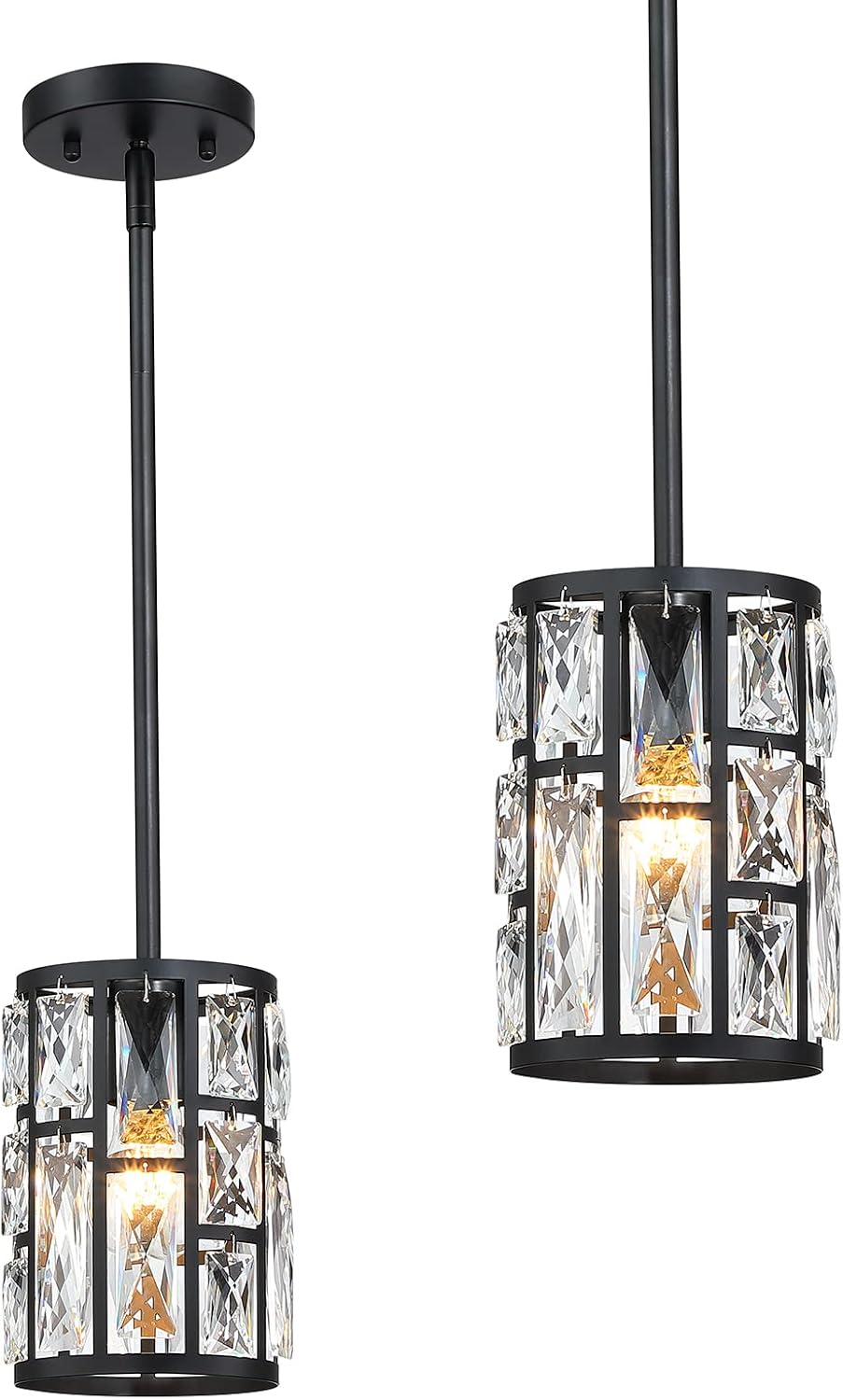 MEXO Modern Crystal Pendant Light Fixture 2-Pack Matte Black Finish Hanging Lighting Crystal Chandelier for Living Room, Kitchen