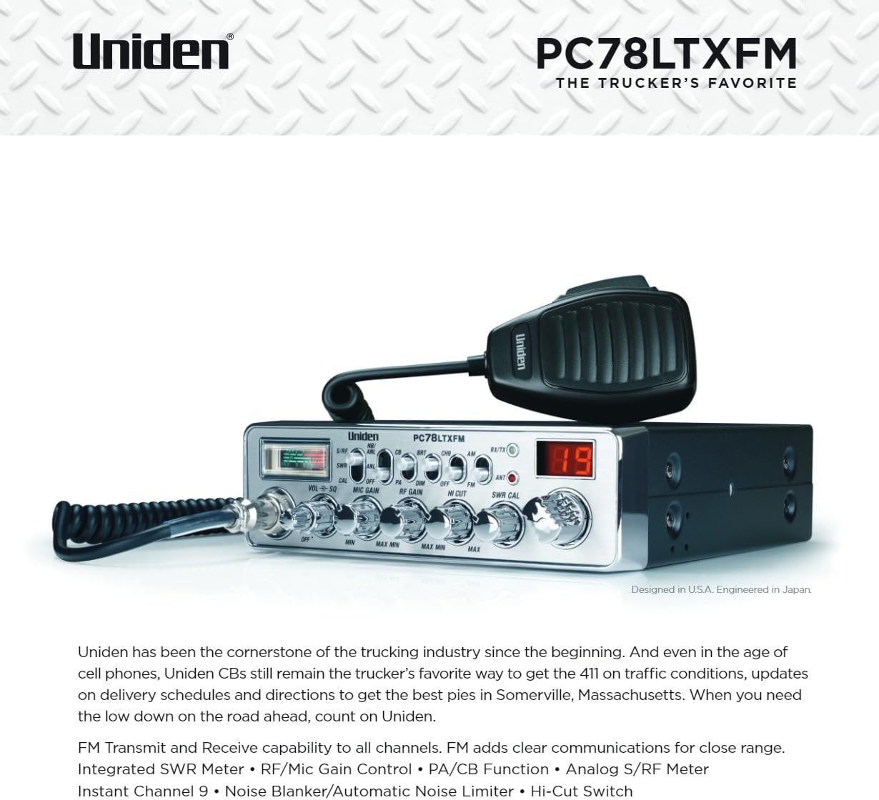 Uniden PC78LTXFM Professional 40-Channel CB Radio with Dual-Mode AM/FM, Integrated SWR Meter, PA/CB Function, Hi Cut, RF/Mic Gain Control, and Instant Channel 9