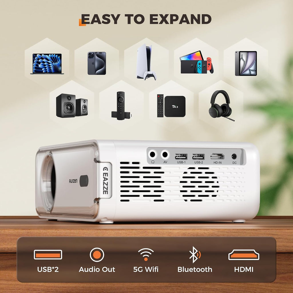 Aurzen EAZZE D1 Smart Projector with WiFi and Bluetooth, Built-in APP, Auto Focus/Keystone, DoIby Audio 16W Speakers, Native 1080P, HDR10, Portable Mini Outdoor Movie Projector