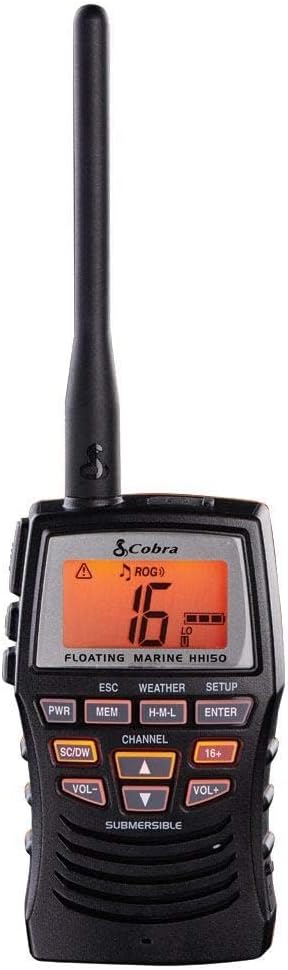 Cobra VHF Marine Radio - MR HH150 FLT - 3 Watt, Floating, Long Range, Handheld, NOAA, International, Waterproof, Submersible, Weather Alerts, LCD Screen, Belt Clip