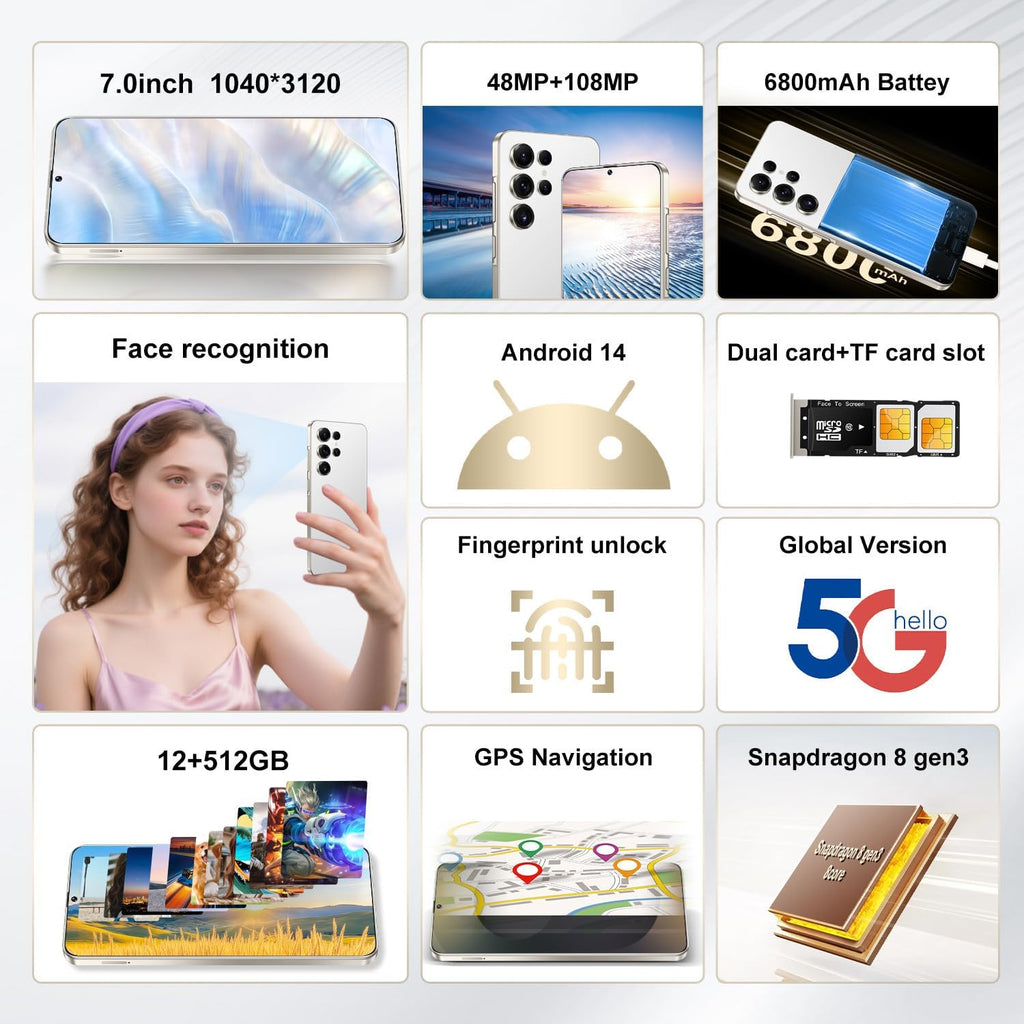 Unlocked Cell Phones I25 Ultra 5G Smartphone Android 14 Unlocked Phones 12GB+512GB Snapdragon 8Gen3 7" HD Screen 48MP+108MP 6800mAh Support Dual SIM Fingerprint Lock GPS Face ID (White)