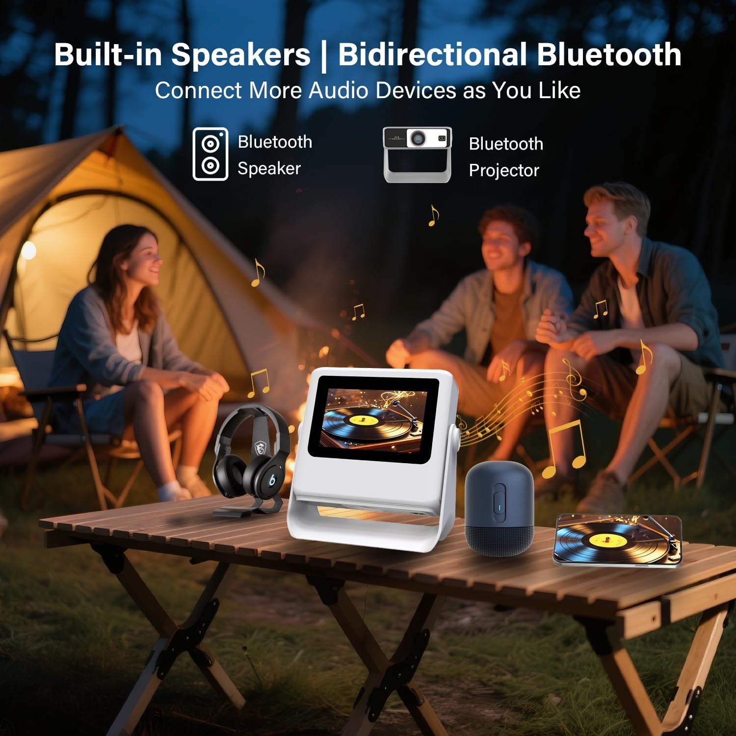 4K Support Native 1080P Touch Screen Projector with WiFi Bluetooth, Auto Focus Smart Portable Game Projector, Built-in Apps Mini Outdoor Movie Projector for Bedroom Home Theater