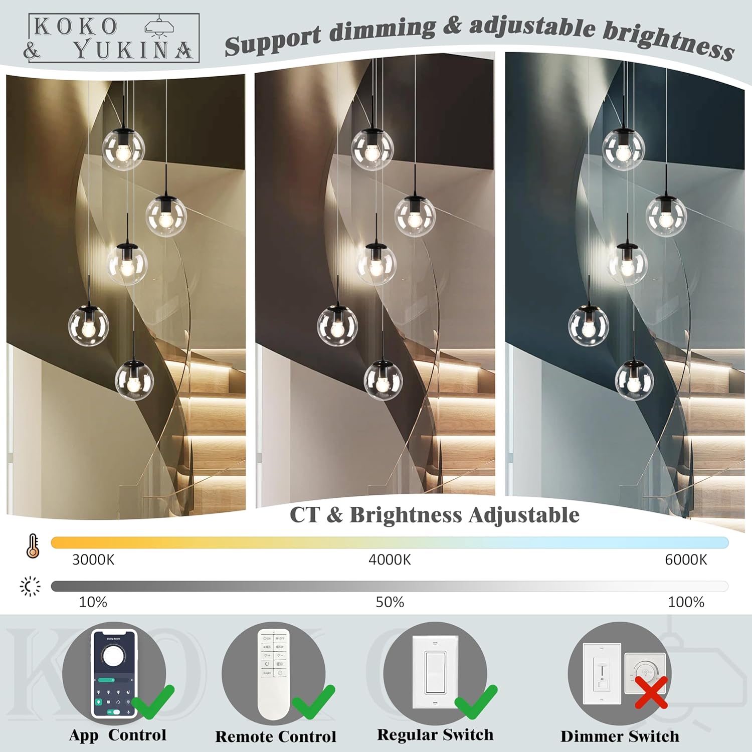 KoKo&Yukina 5-Light Black Clear Globe Glass Chandelier Globe Glass Pendant Light Adjustable Length Pendant Lights Modern High Ceiling Lights Fixtures for Foyer Staircase Entryway (Bulb & Remote Incl)