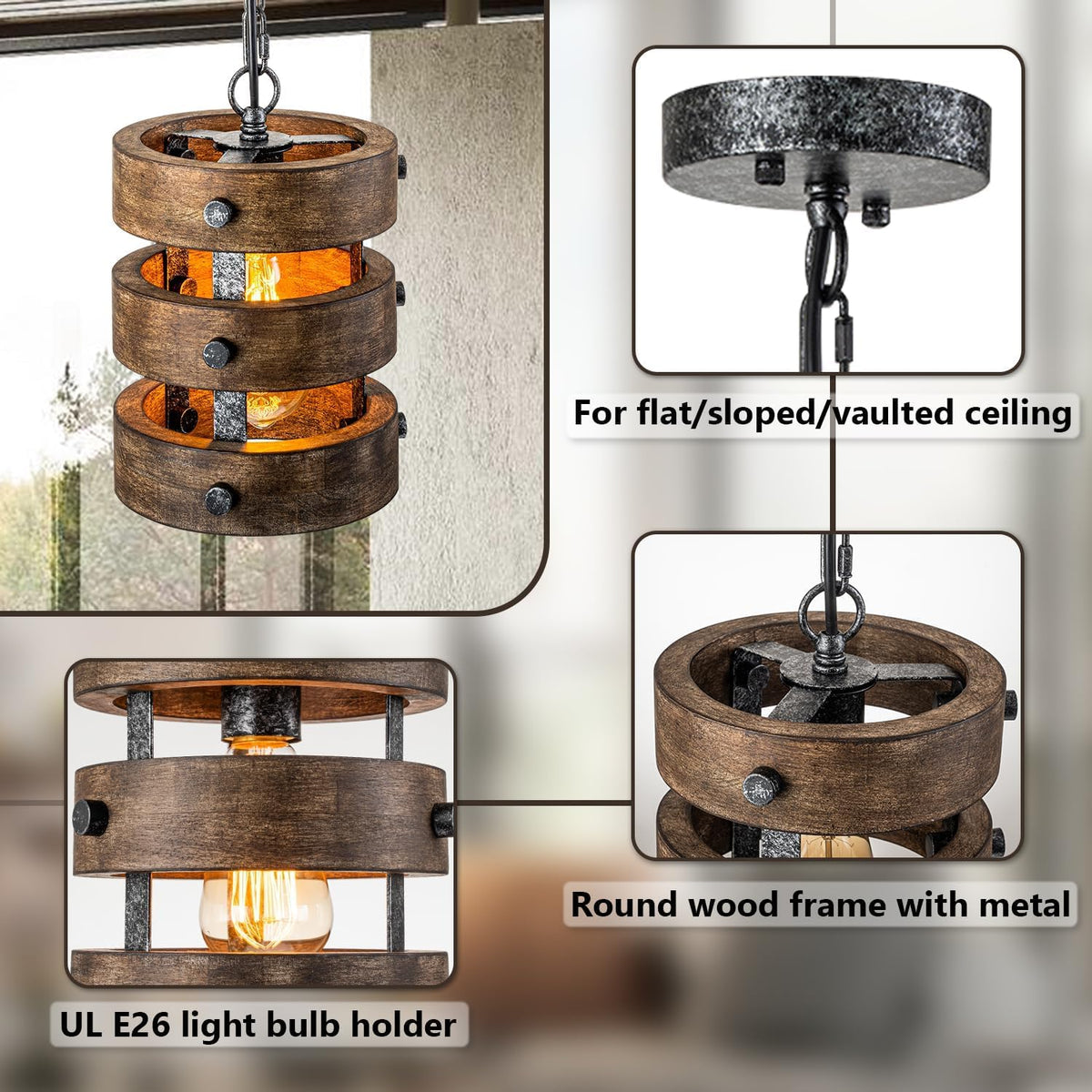 2pack Farmhouse Wood Pendant Lights Kitchen Island, Dining Room Lighting Fixtures Over Table Rustic Chandelier Height Adjustable Hallway Light for Foyer Living Room Bar Restaurant