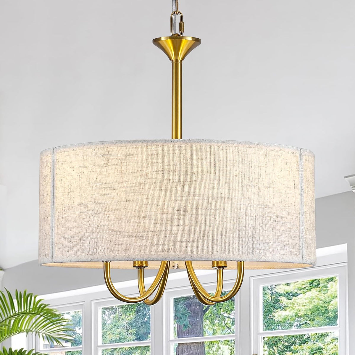 Drum Chandelier for Dining Room, 4-Light Modern Farmhouse Gold Chandelier with Linen Drum Shade, 16" Hanging Pendant Ceiling Light Fixture for Kitchen Island Bedroom Living Room