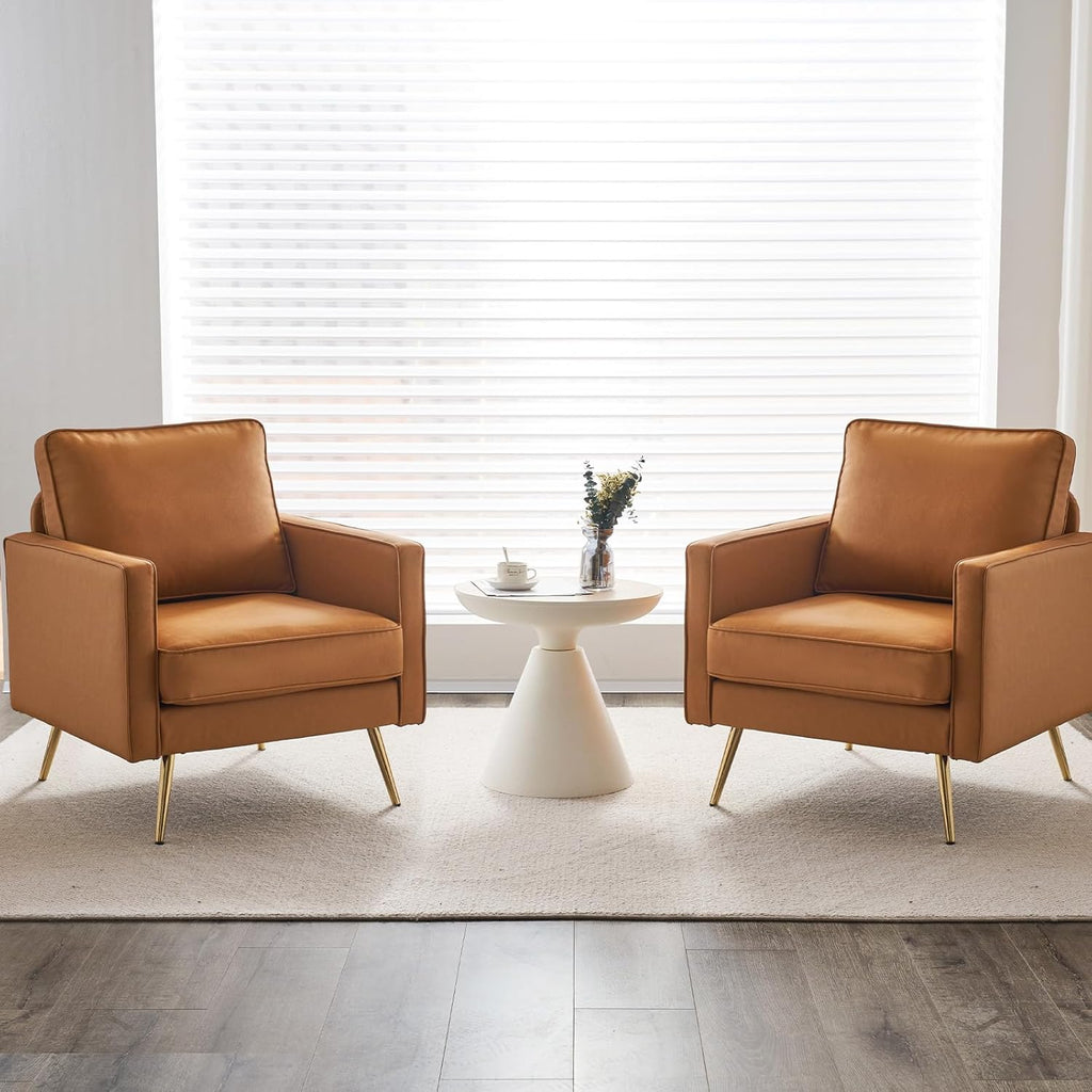 VINGLI Modern PU Leather Accent Chair for Living Room,Bedroom Comfy Chair Arm Chair Reading Chair with Golden Metal Legs and Deep Seat for Office,Apartment,Small Space,Cognac