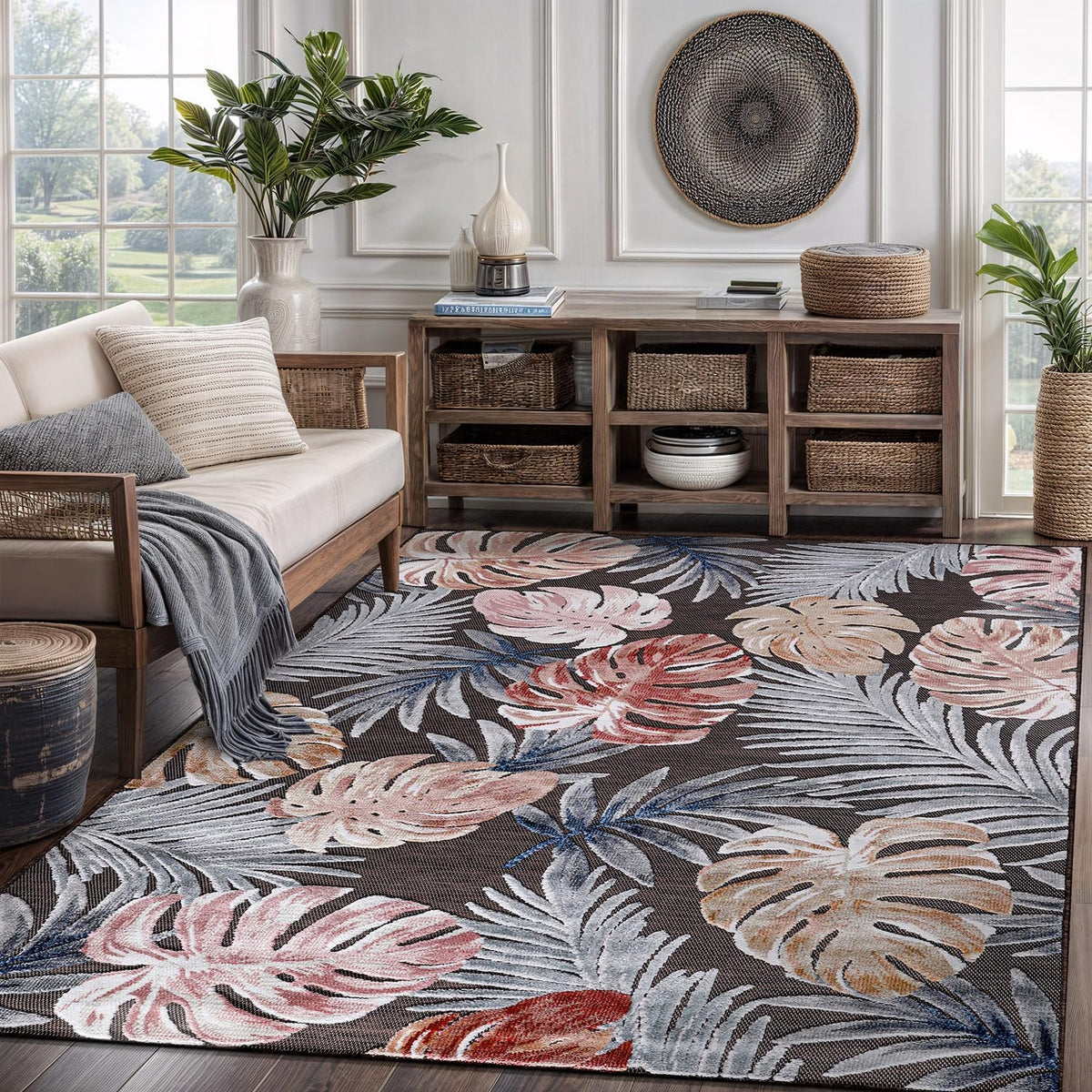 CAMILSON Indoor Outdoor Rug, Brown 6'x9' Leaf Tropical Botanical Area Rugs for Indoor and Outdoor patios, Easy-Cleaning Non-Shedding Living Room, Garden and Kitchen Washable Outside Carpet (6x9)