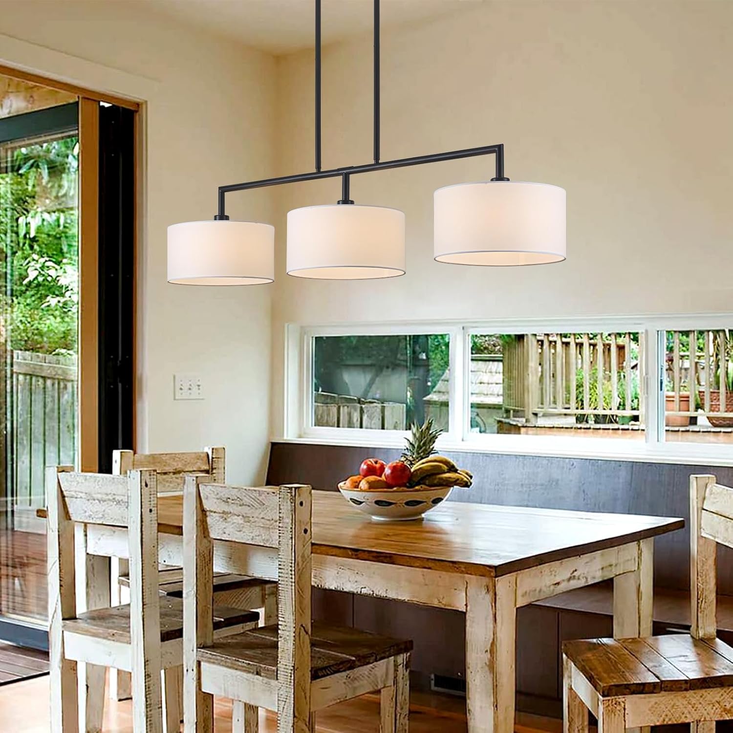 47" W Modern Linear Kitchen Island Pendant Light Fixture 3-Light White Linen Drum Shade Chandelier Black Metal Linear Chandeliers for Dining Room Farmhouse Hanging Light for Living Room, Bar, E26