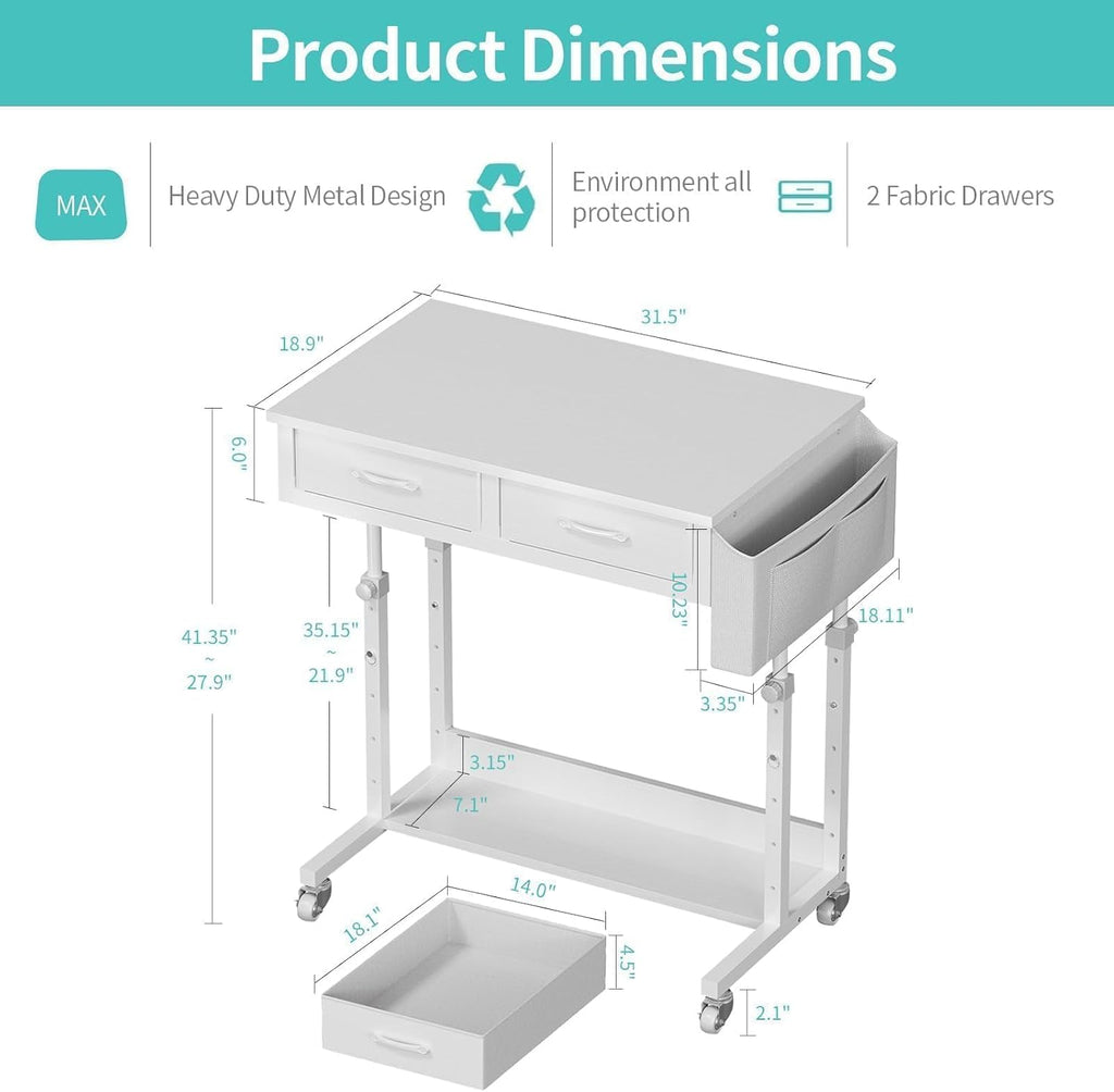 WINAZ Small Rolling Desk with Drawers & Storage - Mobile Workstation on Wheels for Teacher & Student, Adjustable Height Portable Standing Desk for Small Spaces, Compact Sewing & Crafting Table