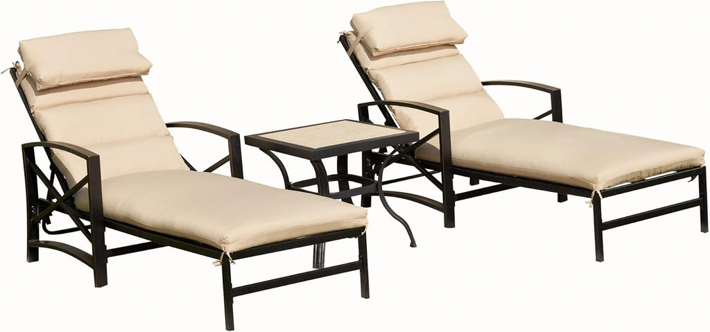 Festival Depot 3 Pieces Patio Outdoor Chaise Lounge Chairs with Cushions Set with Coffee Table Premium Fabric Metal Frame Furniture Garden Bistro Soft Headrests (Khaki)