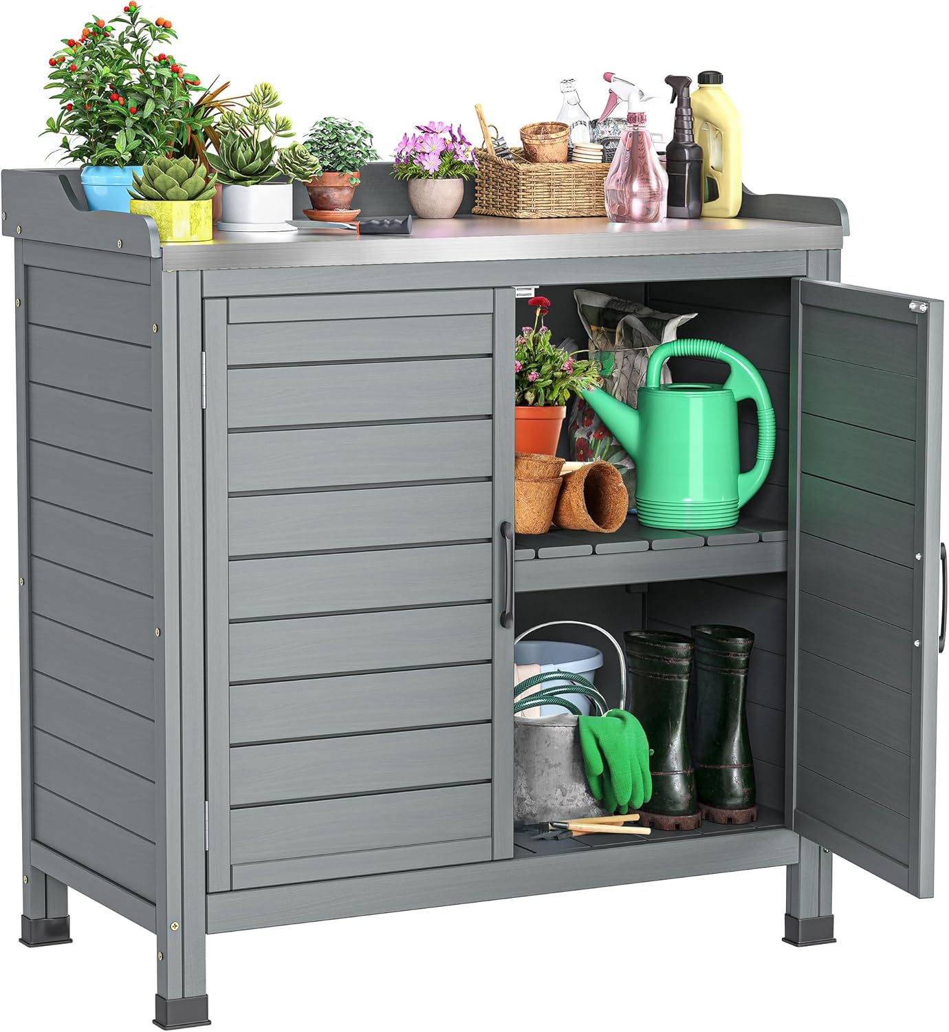 YITAHOME Outdoor Garden Potting Bench with Storage Cabinet, Metal Tabletop & Removable Shelf, Wooden Planting Workstation for Patio, Garden, Yard (Grey)