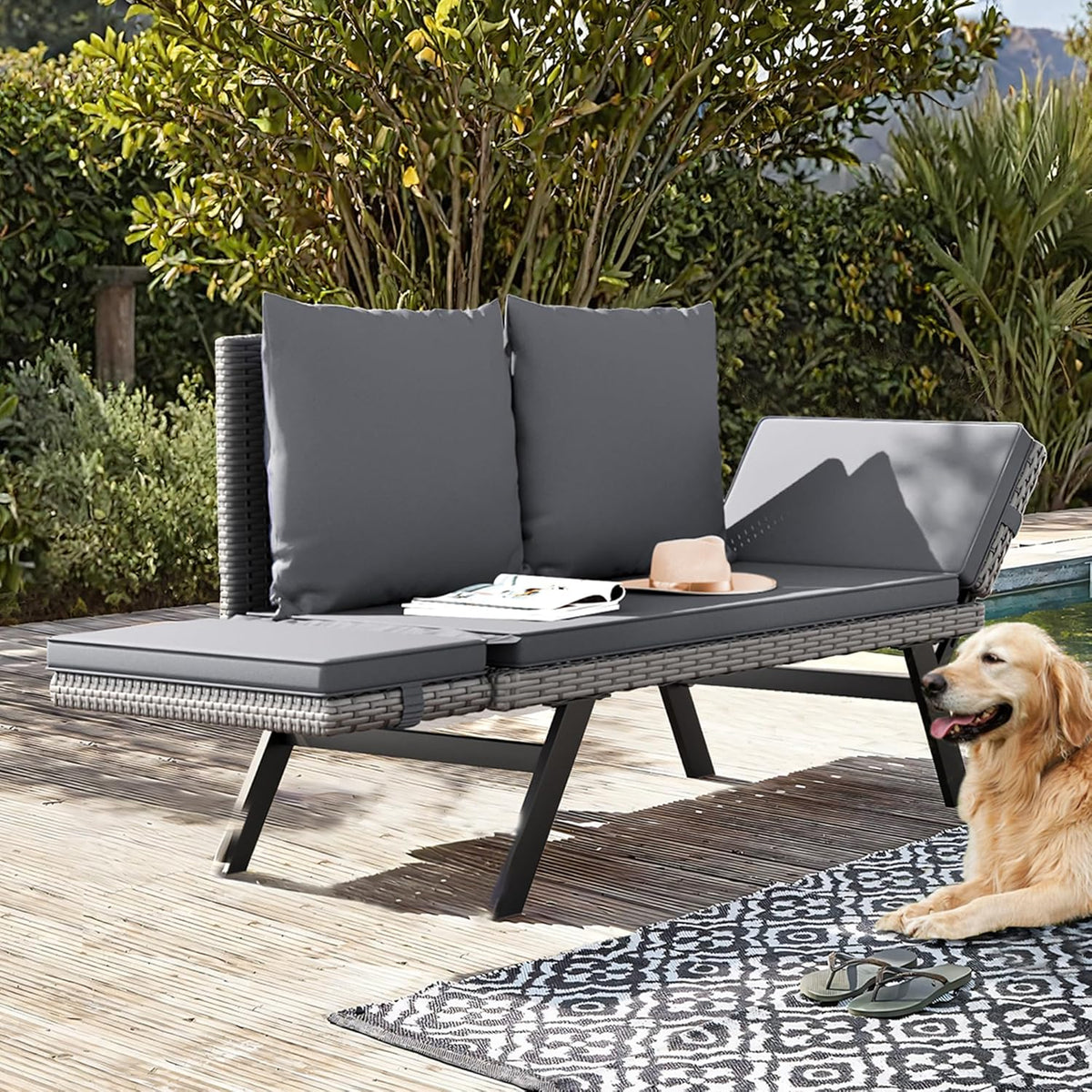 Flamaker Outdoor Convertible Sofa, Woven Rattan Patio Furniture Sunbed with Adjustable Armrests, Removable Cushions and Pillows for Patio, Porch, Pool (Grey Lounger & Grey Pillowcase)