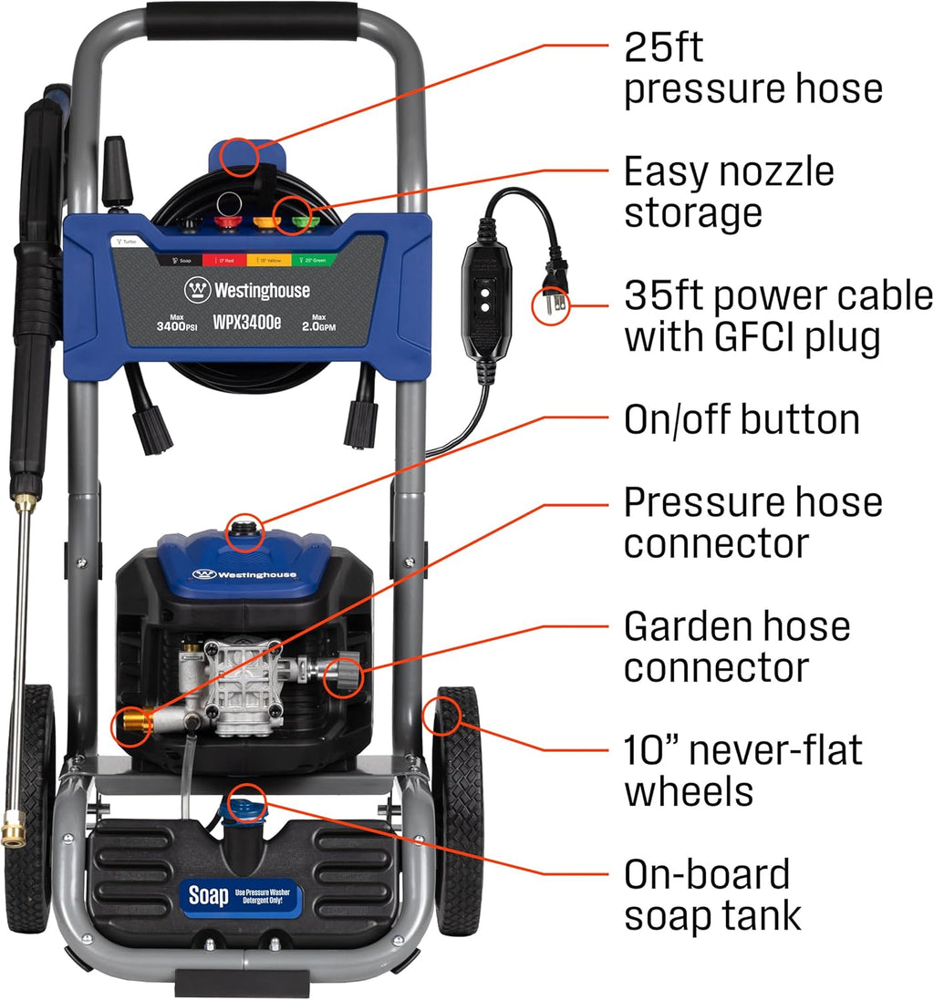 Westinghouse WPX3400e Electric Pressure Washer, 3400 Max PSI and 2.0 Max GPM, Brushless Motor, Onboard Soap Tank, Spray Gun and Wand, 5 Nozzle Set, for Cars/Fences/Driveways/Homes/Patios/Furniture