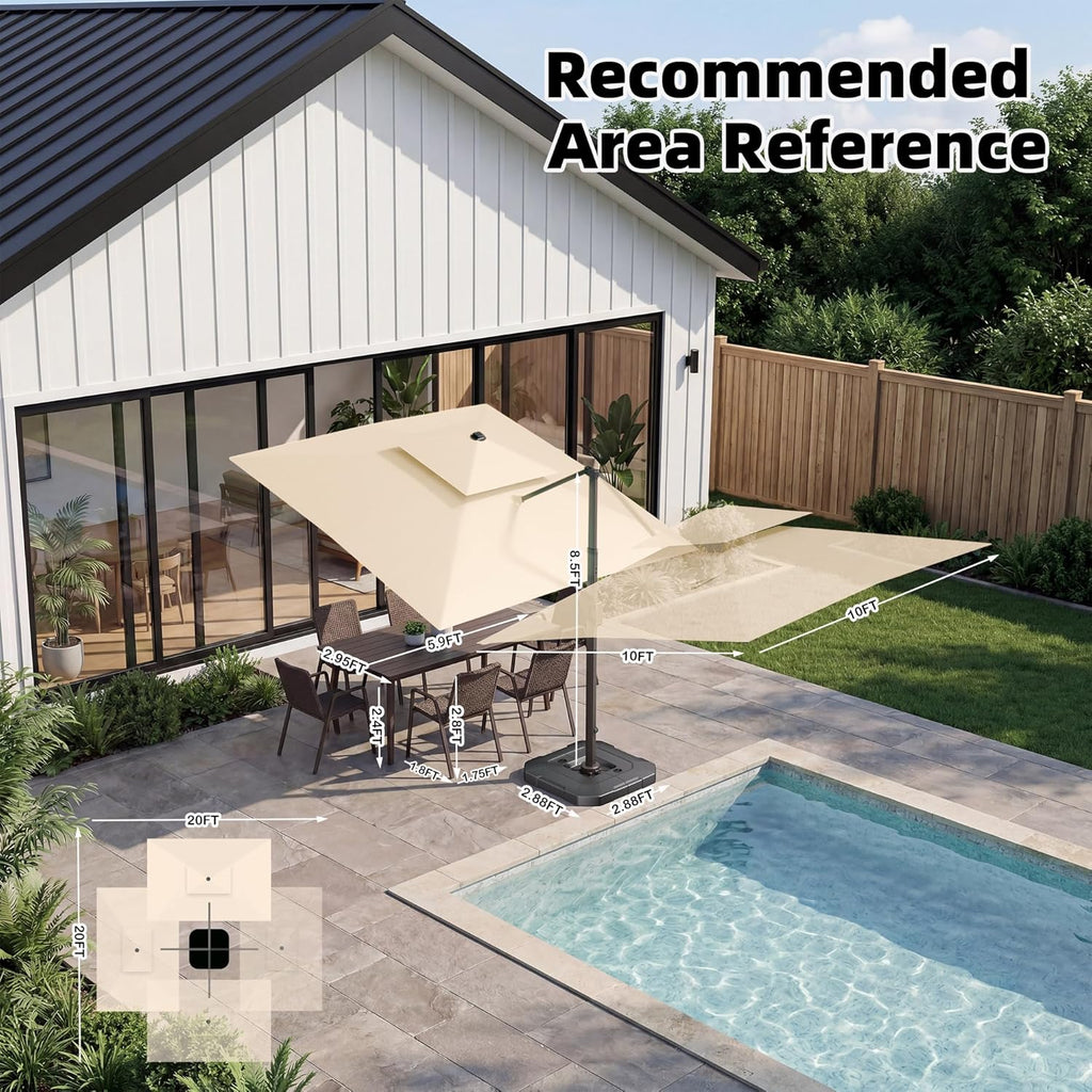 10x10 FT Cantilever Patio Umbrella Double Top Outdoor Square Large Heavy Duty Aluminum Offset Umbrellas with 7 Level Tilt 360-degree Rotation for Pool Garden Deck, Beige