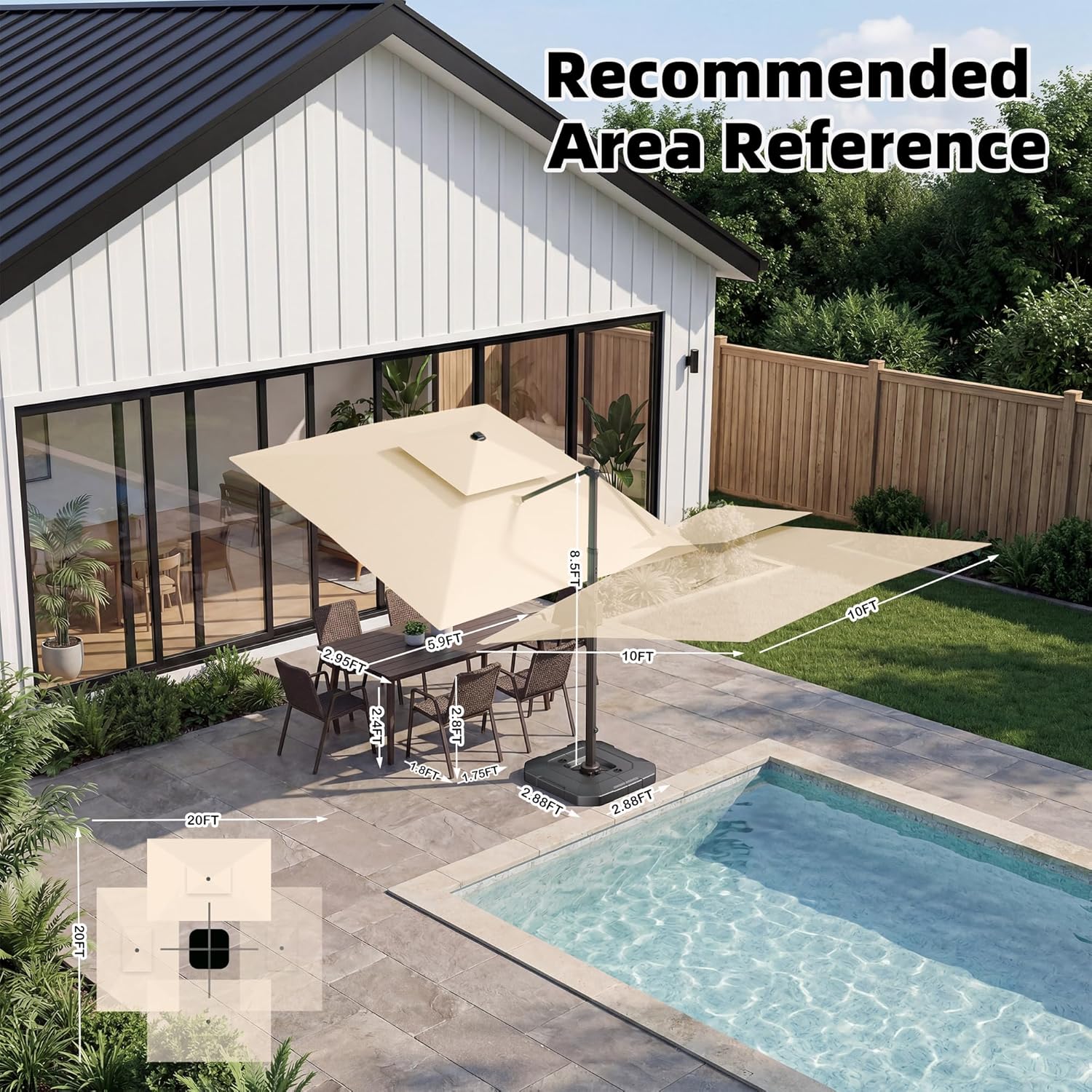 10x10 FT Cantilever Patio Umbrella Double Top Outdoor Square Large Heavy Duty Aluminum Offset Umbrellas with 7 Level Tilt 360-degree Rotation for Pool Garden Deck, Beige