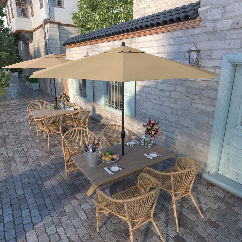 California Umbrella 12-Year Protection 9-Ft Outdoor Patio Umbrella, Sunbrella Fade-Resistant Acrylic Fabric, Auto Tilt and Crank, Heavy-Duty Aluminum Frame/ Reinforced Ribs, Bronze Pole, Antique Beige