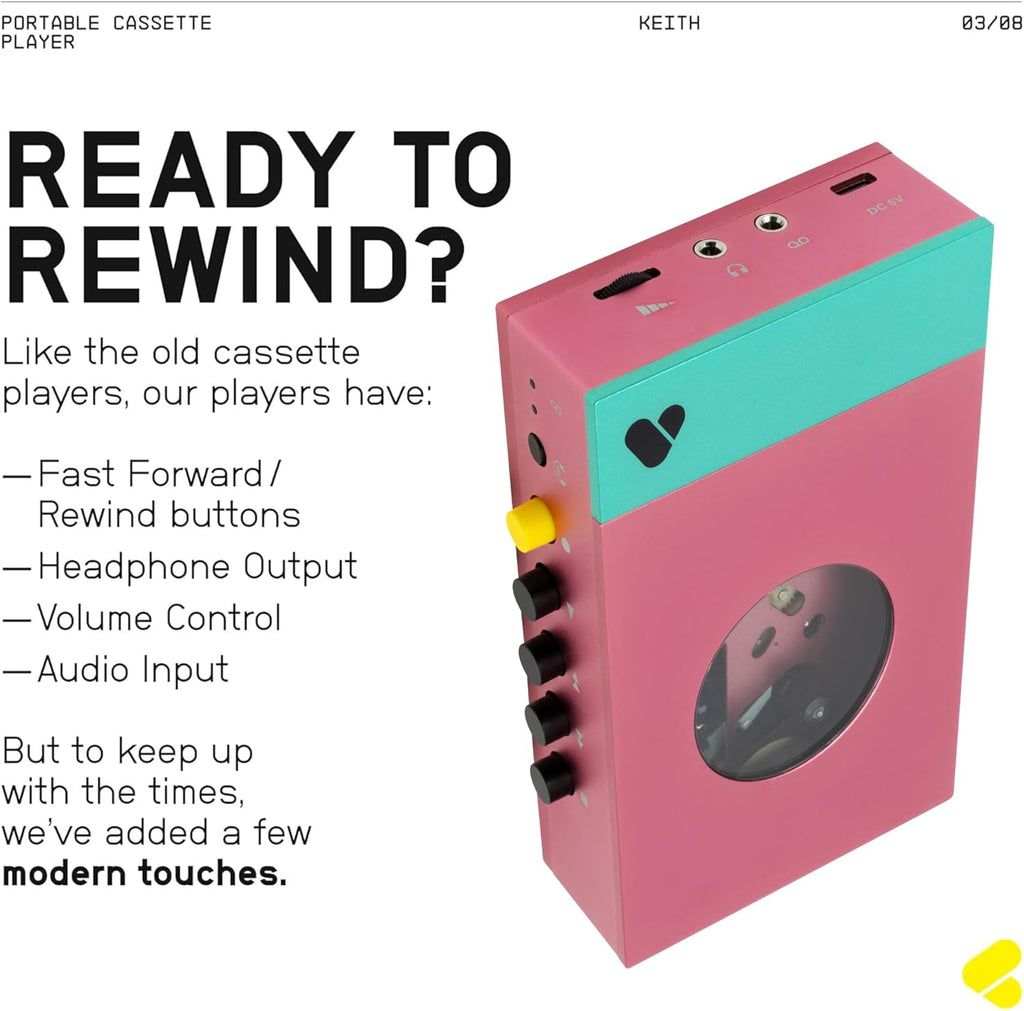 We are Rewind Portable Cassette Player - Cassette Tape Recorder with Bluetooth Connection Speaker or Headphones, 3.5mm Audio Cable - (Edith, Pink & Green)