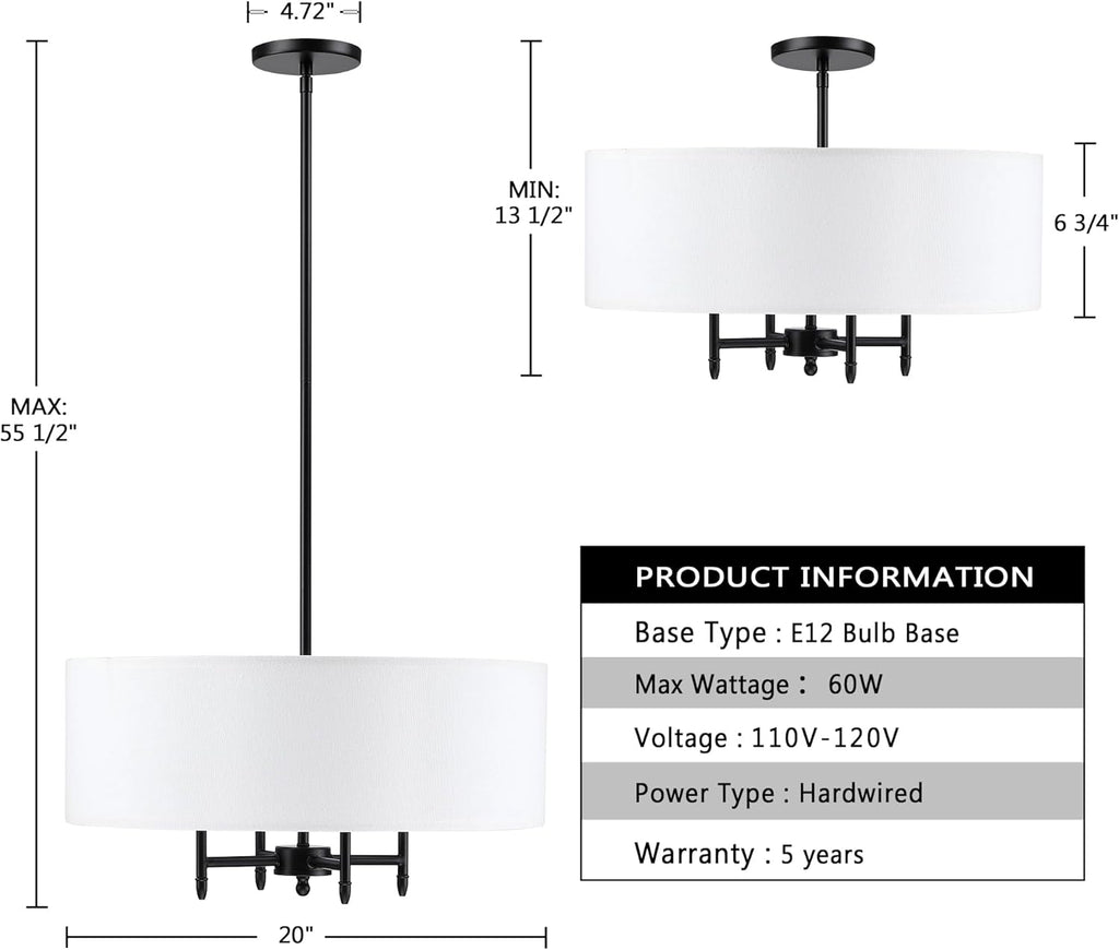 Untrammelife Drum Pendant Chandelier 4-Lights Black Ceiling Hanging Light Fixture with 20" White Shade, for Dining Room Living Room Bedroom Kitchen Island Stairway Hallway