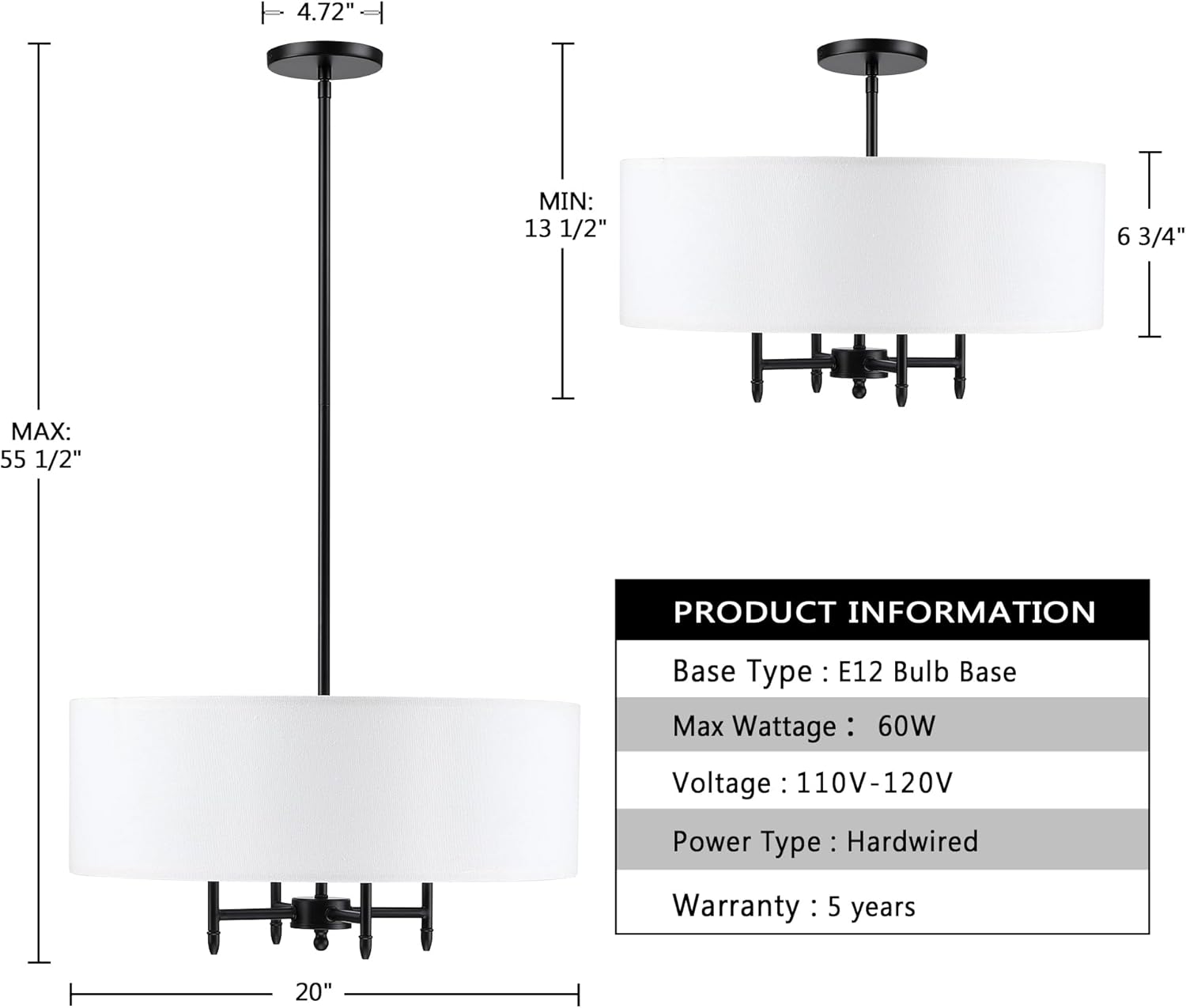 Untrammelife Drum Pendant Chandelier 4-Lights Black Ceiling Hanging Light Fixture with 20" White Shade, for Dining Room Living Room Bedroom Kitchen Island Stairway Hallway