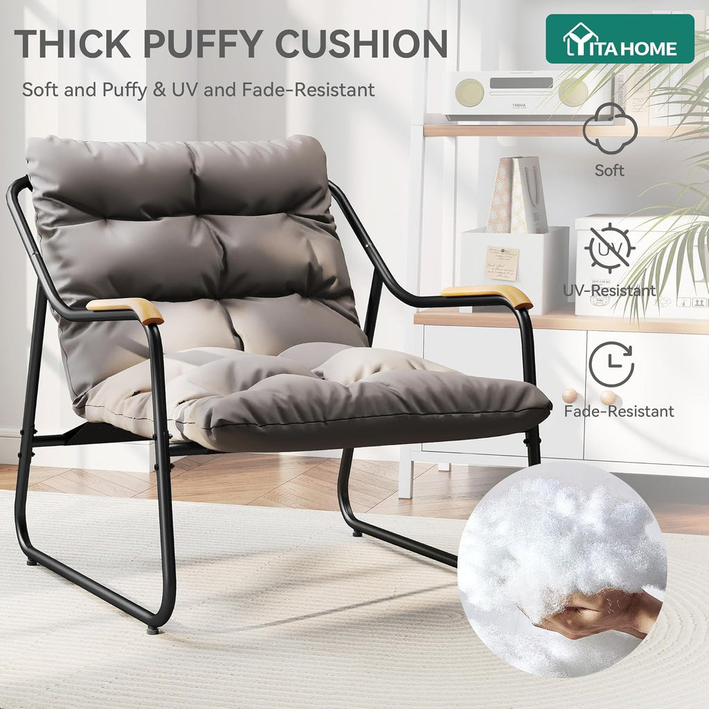YITAHOME Patio Lounge Chair with Ottoman, Oversized Papasan Chair with Soft Cushion, Indoor/Outdoor Textilene Lounge with Teak Wood Handrail and Footstool for Living Room, Porch, Backyard or Garden