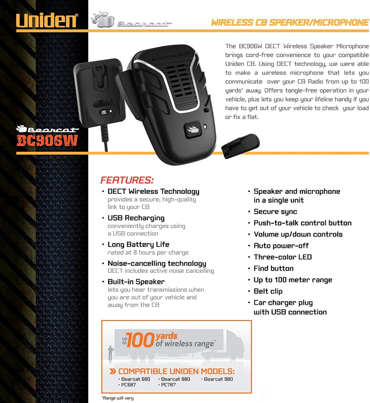 Uniden BEARTRACKER 885 Hybrid Full-Featured 40-Channel 4-Watt CB Radio + Digital TrunkTracking Police/Fire/Ambulance Scanner Bundle with BC906W Wireless CB Microphone Speaker