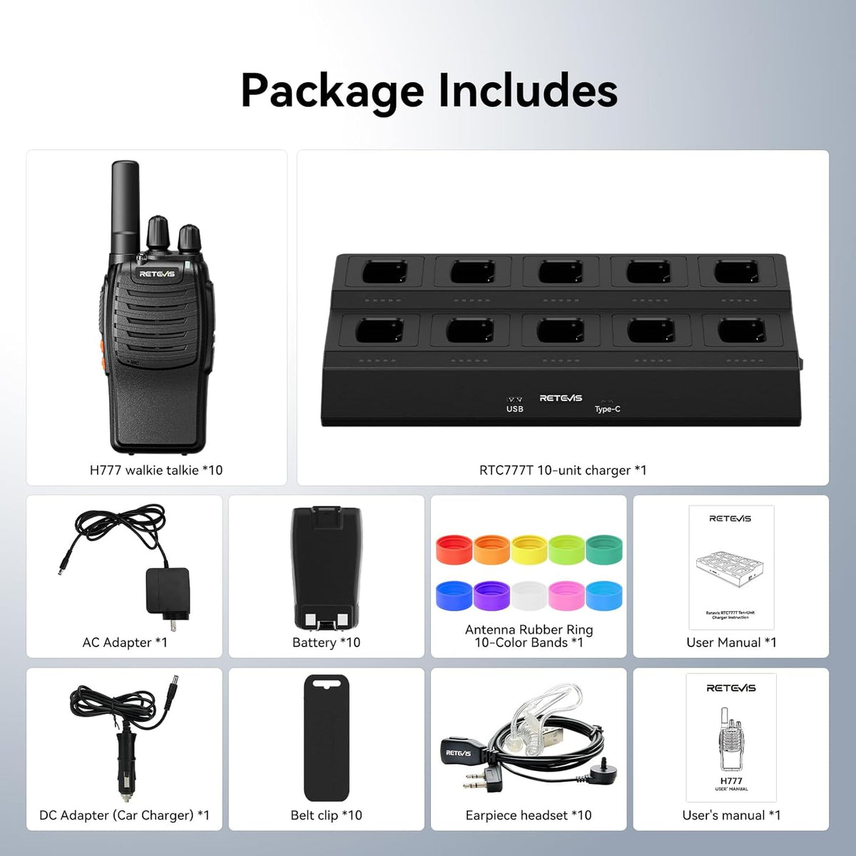 Retevis H-777 Walkie Talkies for Adults, Long Range 2 Way Radio with Earpieces, 10 Way Multi Gang Charger, Type C Rechargeable Handheld Two-Way Radios for Security School, Church(10 Pack, Black)