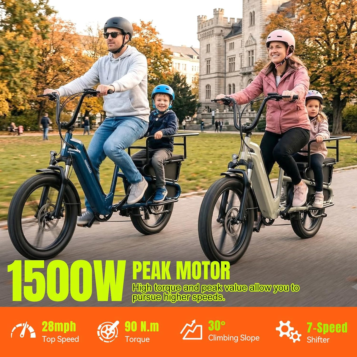 SISIGAD Family Electric Bike with Child Seat - Peak 1500W Motor, 20" Fat Tire Ebike, 48V 15Ah Removable Battery, Step-Through Frame, Dual Hydraulic Brakes .LCD & APP Control, UL 2849 Certification