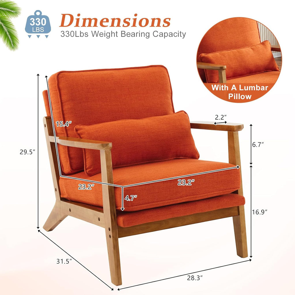 Vingli Solid Wood Wide Armrests Accent Chair Set of 2,Upholstered Mid Century Modern Chair with Pillow,Farmhouse Arm Chair Comfy Reading Chair,Chairs Living Room,Bedroom,Guest Room,Linen Fabric,Orange