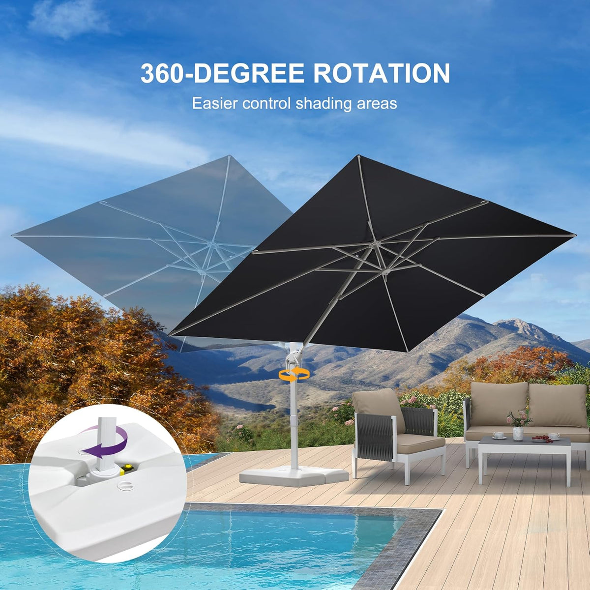 PURPLE LEAF 9' × 11.5' Patio Umbrella With Base White Cantilever Umbrella Square Outdoor Offset Umbrella Windproof with 360° Rotation for Garden Deck Pool, Grey