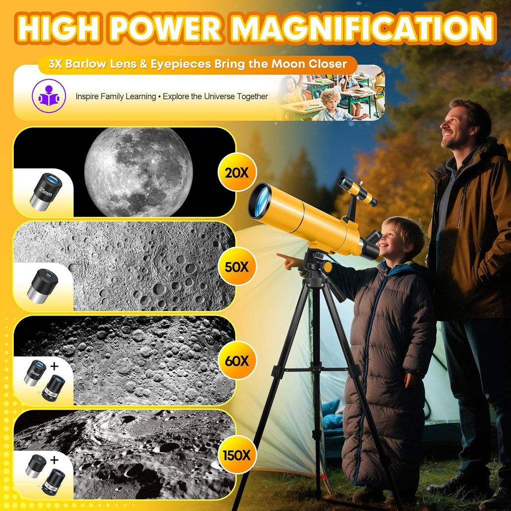 MEEZAA Telescope for Adults & Kids, 80mm Aperture 500mm Portable Refractor Telescope for Astronomy Beginners, Professional Travel Astronomical Telescopes with Tripod, Stickers, Phone Adapter, Backpack