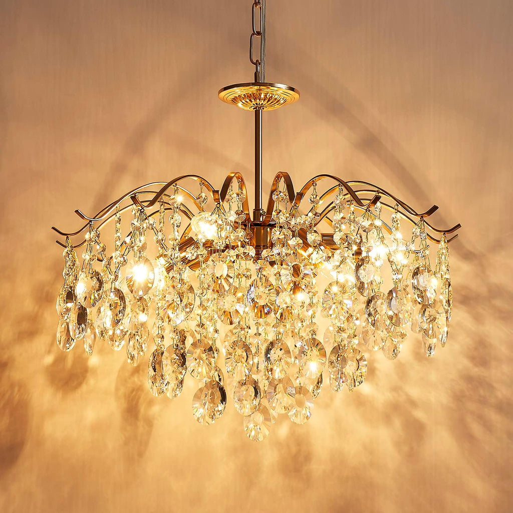 Saint Mossi 6-Light Gold Crystal Chandeliers, Middle Century Dining Room Light Fixture, Modern Pendant Light for Living Room, D20 x H17, Adjustable Chains 59", Chopper Finish Metal Frame