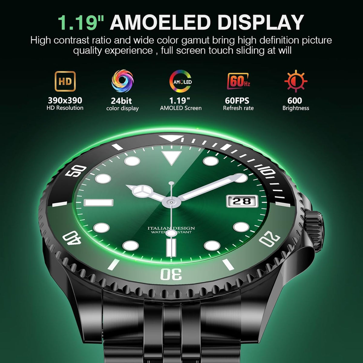 SOUYIE GPT Smart Watch with Bluetooth Call,1.19-inch AMOLED Display, 24/7 Heart Rate, Blood Oxygen, Blood Pressure, Sleep Monitor, 107 Sports Fitness Tracker, Compatible Android and iOS Black Green