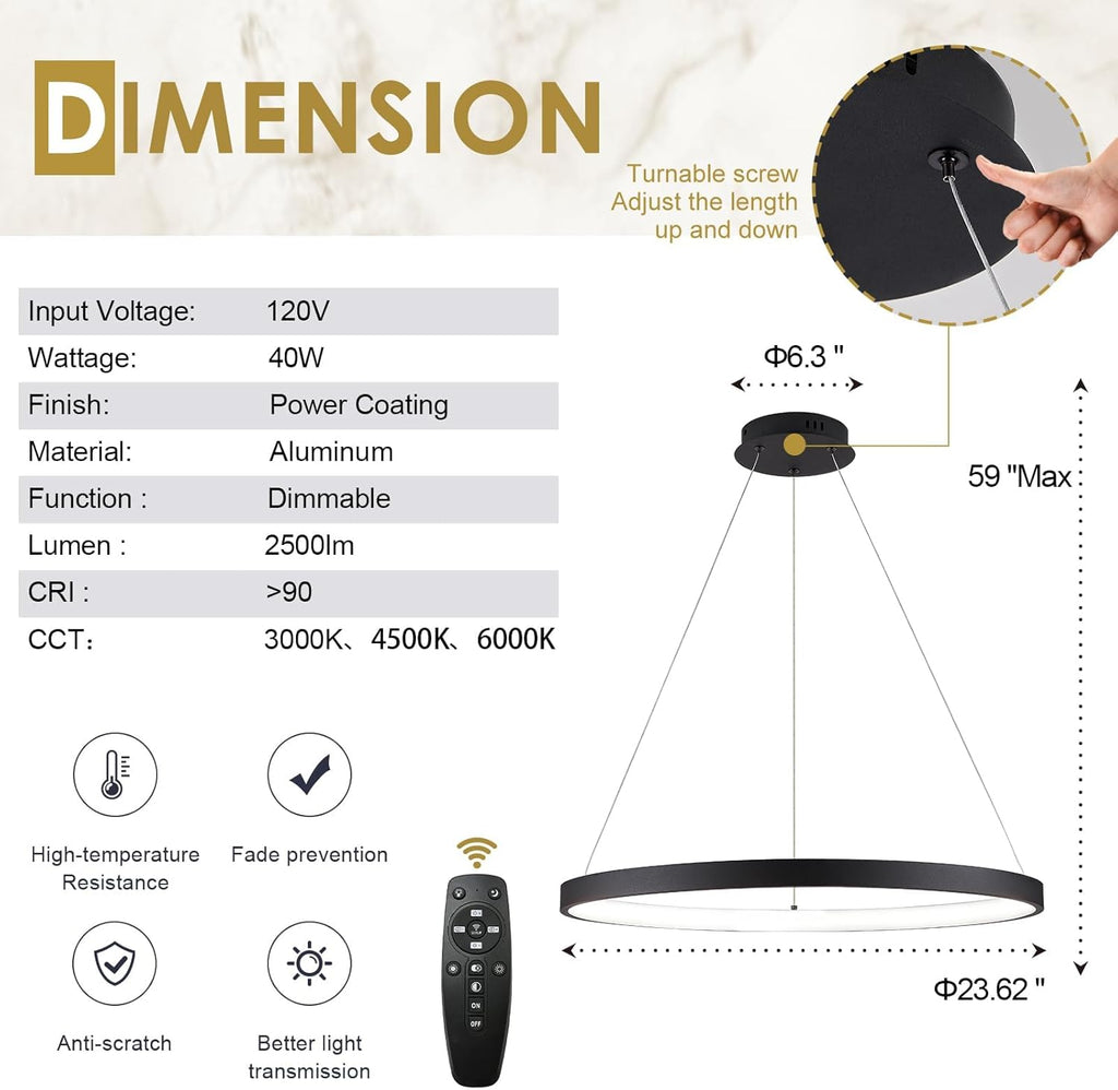 Modern LED Pendant Light Black Ring Chandelier 24" Dimmable Flush Mount Pendant Chandelier for Dinning Room Office Kitchen Living Room,3000-6500K